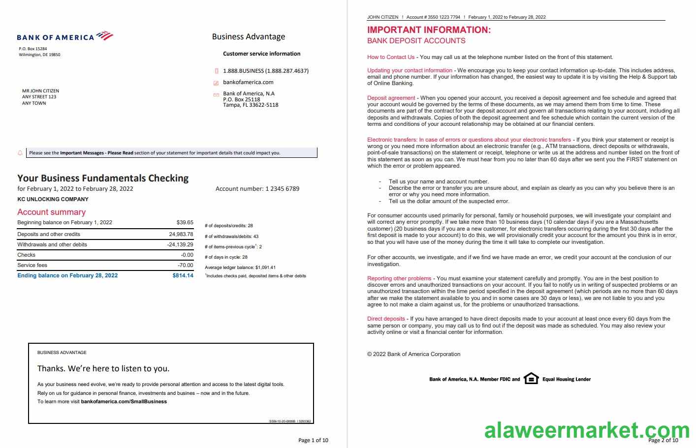 USA Bank of America bank statement, Word and PDF template, 10 pages